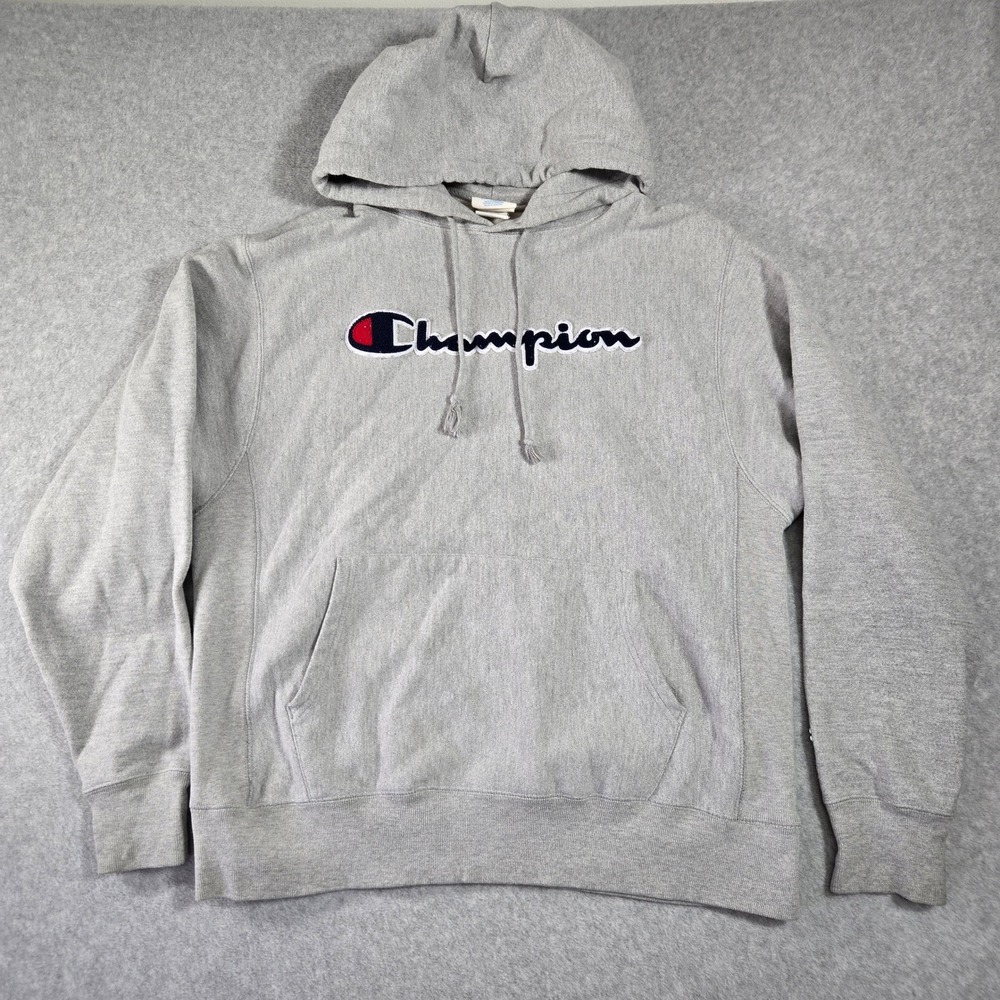 Champion Reverse Weave Hoodie Mens Large Gray Script Logo Sweatshirt Heavyweight